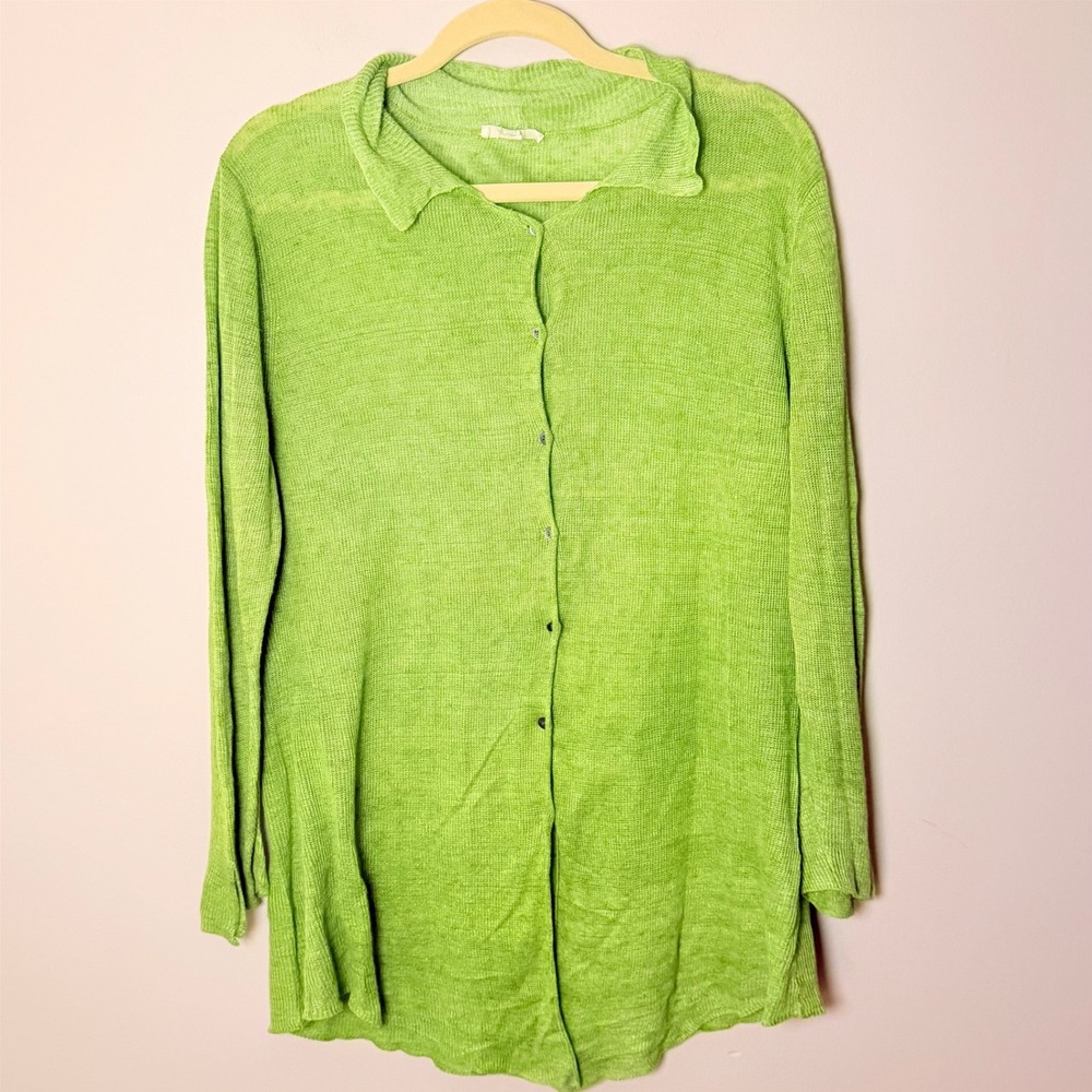 Eileen Fisher 100% Linen Green Button Down Cardigan Sweater Lightweight SZ L